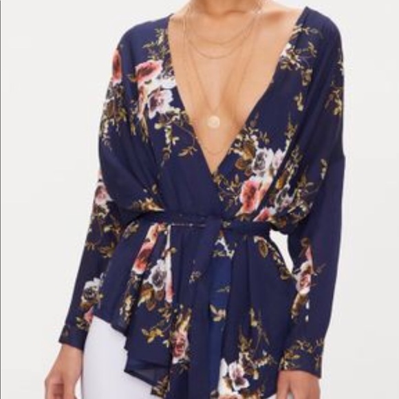 NIB NWT Navy Floral Print Wrap Blouse - Picture 2 of 3